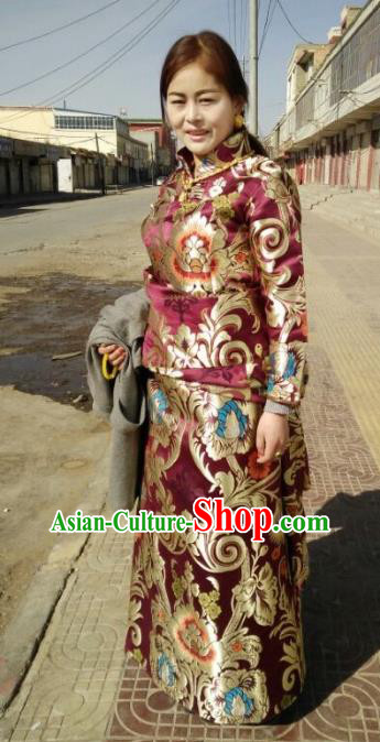 Chinese Traditional Zang Nationality Brocade Costume, China Tibetan Heishui Dance Clothing for Women