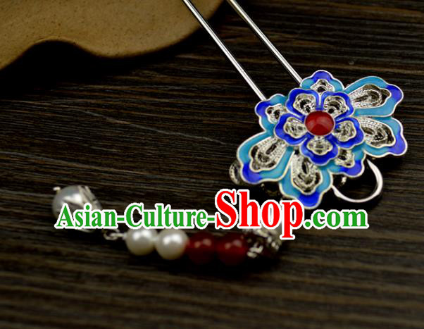 Chinese Traditional Ancient Hair Accessories Hanfu Hairpins Cloisonne Blueing Lotus Tassel Hair Clip Headwear for Women