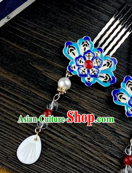 Chinese Traditional Ancient Hair Accessories Hanfu Hairpins Cloisonne Blueing Lotus Tassel Hair Combs Headwear for Women