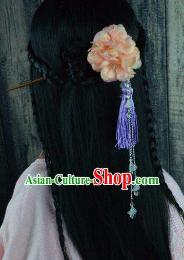 Chinese Traditional Ancient Hair Accessories Hanfu Pink Peony Hairpins Tassel Hair Clip Headwear for Women