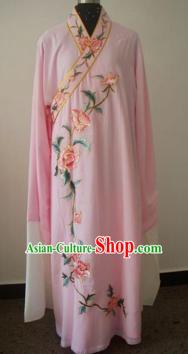 Chinese Traditional Beijing Opera Embroidered Peony Costumes China Peking Opera Niche Pink Silk Robe for Adults