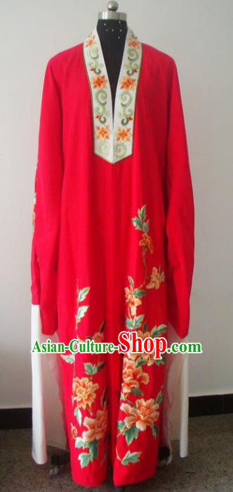 Chinese Traditional Beijing Opera Young Men Red Costumes China Peking Opera Niche Printing Peony Silk Robe for Adults