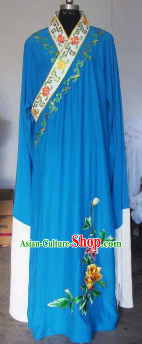 Chinese Traditional Beijing Opera Scholar Costumes Niche Embroidered Peony Blue Robe for Adults