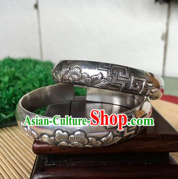 Handmade Chinese Miao Nationality Sliver Bracelet Traditional Hmong Carving Peony Bangle for Women