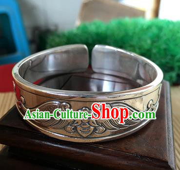 Handmade Chinese Miao Nationality Carving Bat Sliver Bracelet Traditional Hmong Bangle for Women