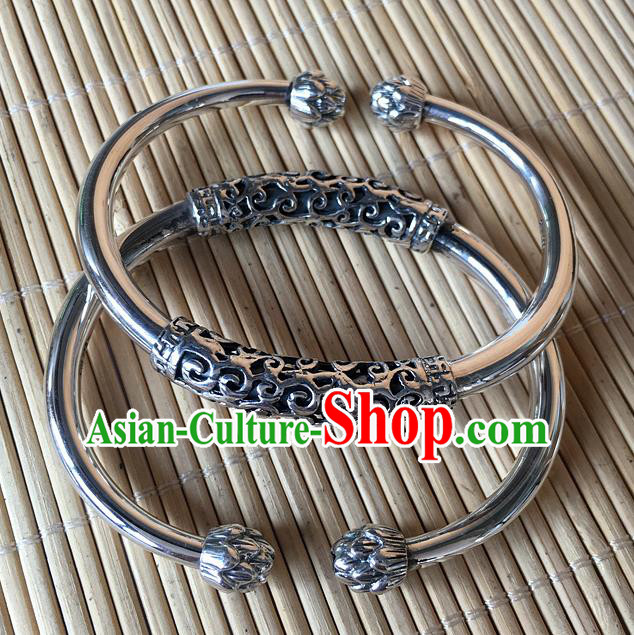 Handmade Chinese Miao Nationality Sliver Bracelet Traditional Hmong Bangle for Women