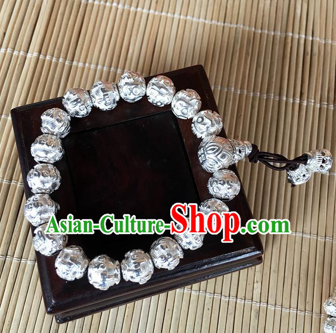 Handmade Chinese Miao Nationality Buddha Beads Sliver Bracelet Traditional Hmong Bangle for Women