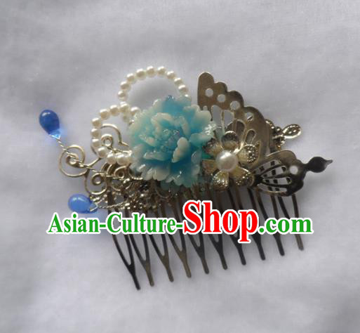 Chinese Traditional Hair Accessories Ancient Bride Hairpins Blue Peony Hair Comb for Women