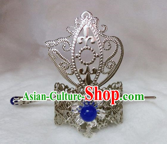 Chinese Traditional Ancient Prince Blue Bead Hairdo Crown Hair Accessories Swordsman Hairpins for Men