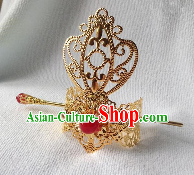 Chinese Traditional Ancient Prince Red Bead Tuinga Hair Accessories Swordsman Hairpins for Men