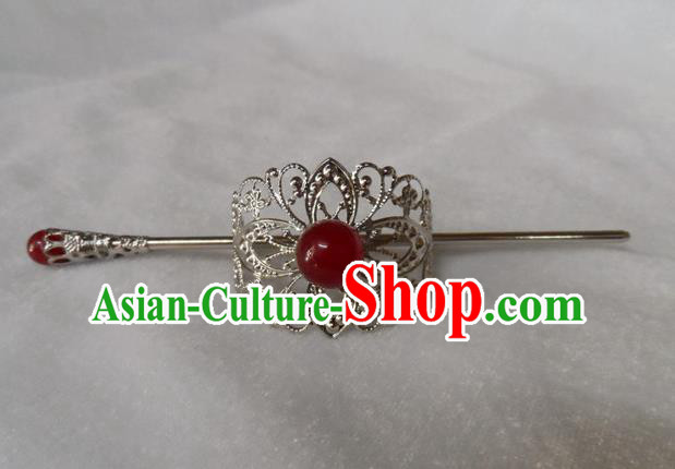 Chinese Traditional Ancient Handmade Red Bead Hairdo Crown Hair Accessories Swordsman Hairpins for Men