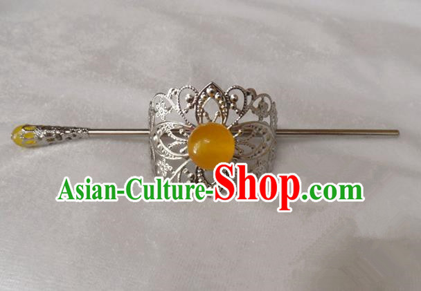 Chinese Traditional Ancient Handmade Yellow Bead Hairdo Crown Hair Accessories Swordsman Hairpins for Men