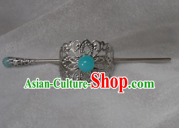 Chinese Traditional Ancient Handmade Blue Bead Hairdo Crown Hair Accessories Swordsman Hairpins for Men