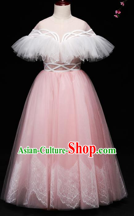 Children Modern Dance Costume Compere Full Dress Stage Piano Performance Pink Veil Dress for Kids