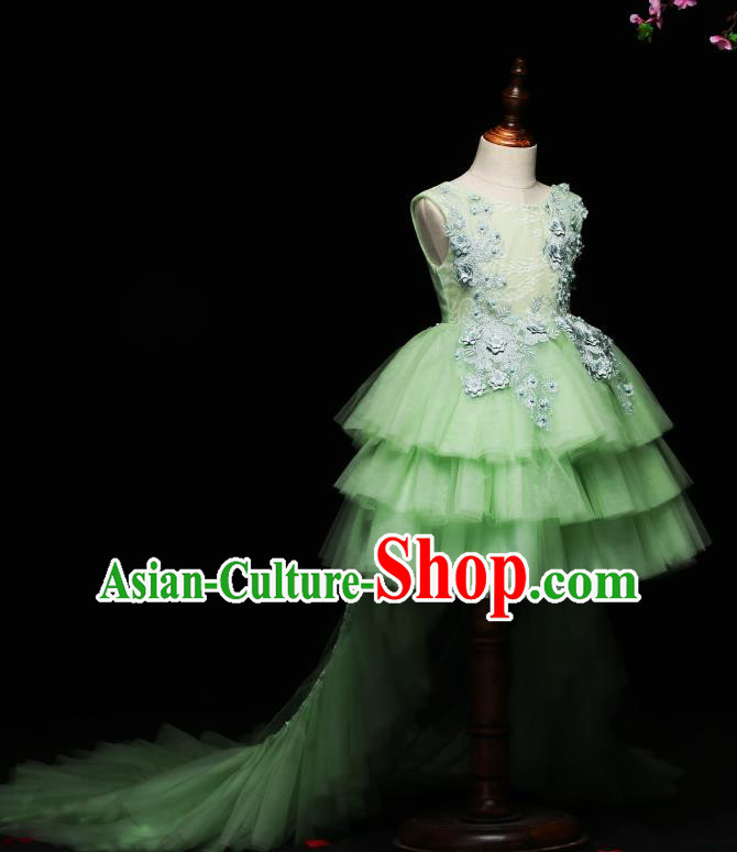 Children Modern Dance Costume Compere Trailing Full Dress Stage Piano Performance Green Veil Dress for Kids