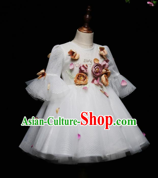 Children Modern Dance Costume Compere White Full Dress Stage Piano Performance Princess Dress for Kids