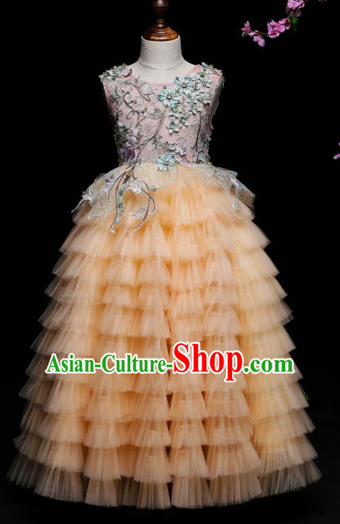 Children Modern Dance Costume Compere Yellow Veil Full Dress Stage Piano Performance Princess Dress for Kids