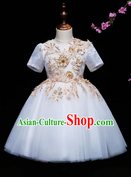 Children Modern Dance Costume Compere White Veil Full Dress Stage Piano Performance Princess Dress for Kids