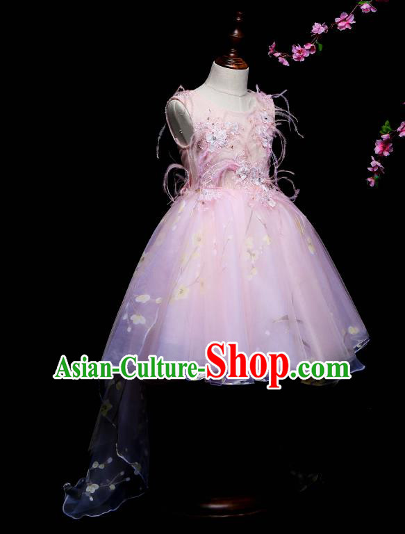 Children Modern Dance Costume Compere Pink Veil Trailing Full Dress Stage Piano Performance Princess Dress for Kids