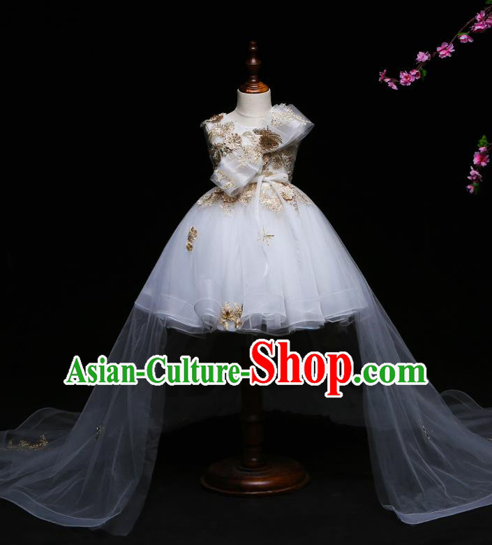 Children Modern Dance Costume Compere White Veil Trailing Full Dress Stage Piano Performance Princess Dress for Kids
