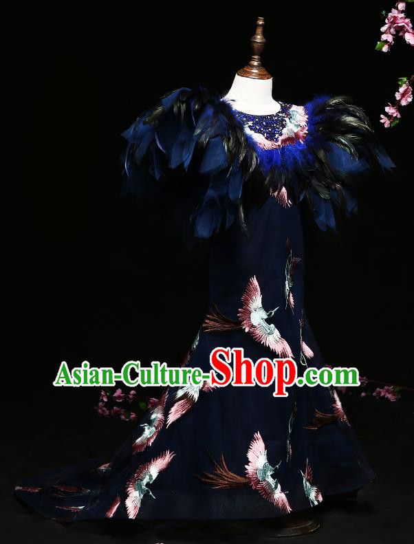 Children Modern Dance Costume Compere Feather Trailing Full Dress Stage Piano Performance Princess Dress for Kids