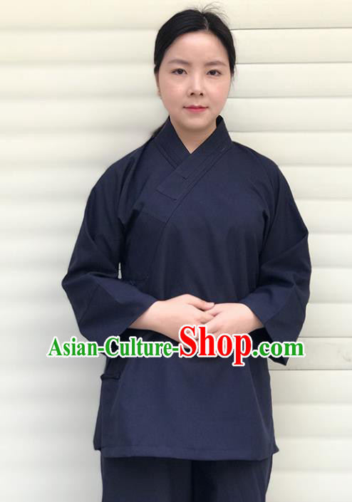 Chinese Traditional Martial Arts Taoist Nun Costumes Tai Chi Kung Fu Navy Shirt for Women