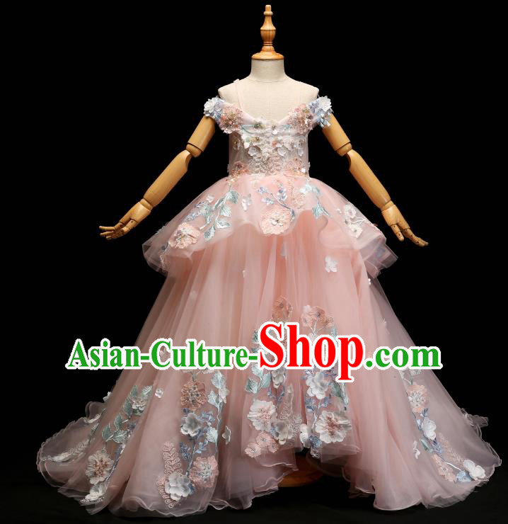 Children Modern Dance Costume Compere Pink Lace Trailing Full Dress Stage Piano Performance Princess Dress for Kids