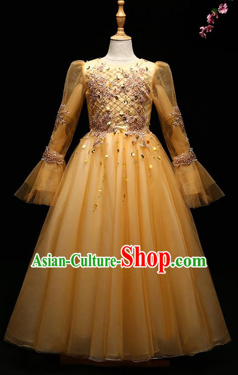 Children Modern Dance Costume Compere Full Dress Stage Piano Performance Princess Yellow Veil Dress for Kids