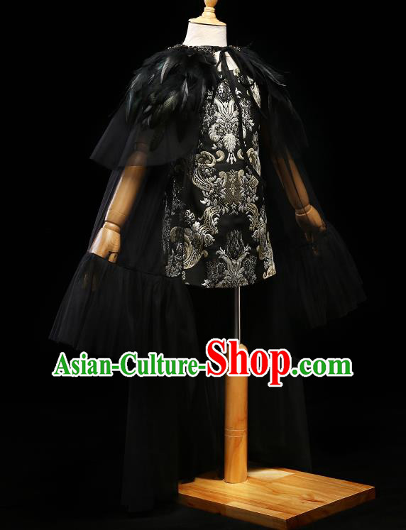 Children Modern Dance Costume Compere Full Dress Stage Piano Performance Princess Black Veil Dress for Kids
