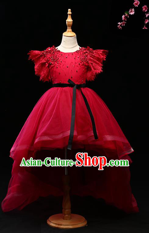 Children Modern Dance Costume Compere Trailing Full Dress Stage Piano Performance Princess Red Veil Dress for Kids