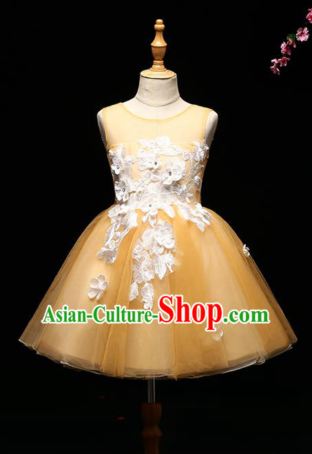 Children Modern Dance Costume Compere Full Dress Stage Piano Performance Princess Yellow Veil Dress for Kids