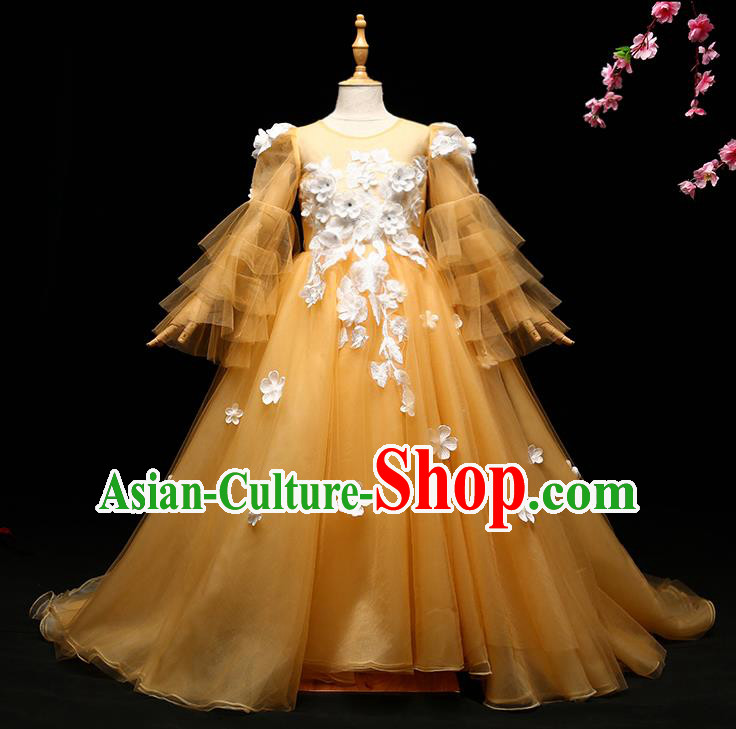 Children Modern Dance Costume Compere Full Dress Stage Piano Performance Princess Yellow Trailing Dress for Kids