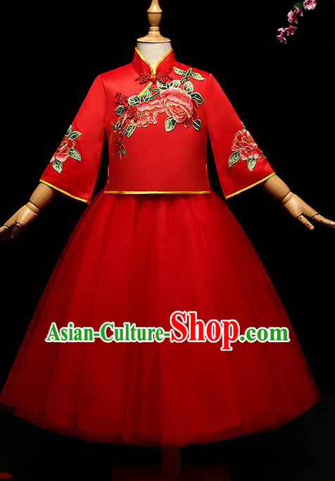 Children Modern Dance Costume Compere Full Dress Stage Performance Chorus Red Dress for Kids