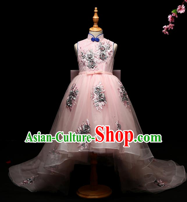 Children Modern Dance Costume Compere Full Dress Stage Performance Chorus Pink Trailing Dress for Kids