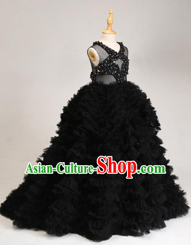 Children Modern Dance Costume Compere Black Trailing Full Dress Stage Piano Performance Princess Dress for Kids