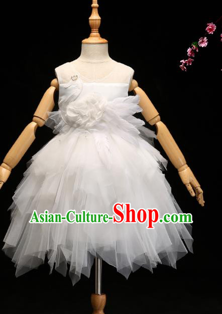 Children Modern Dance Costume Compere White Veil Bubble Full Dress Stage Piano Performance Princess Dress for Kids