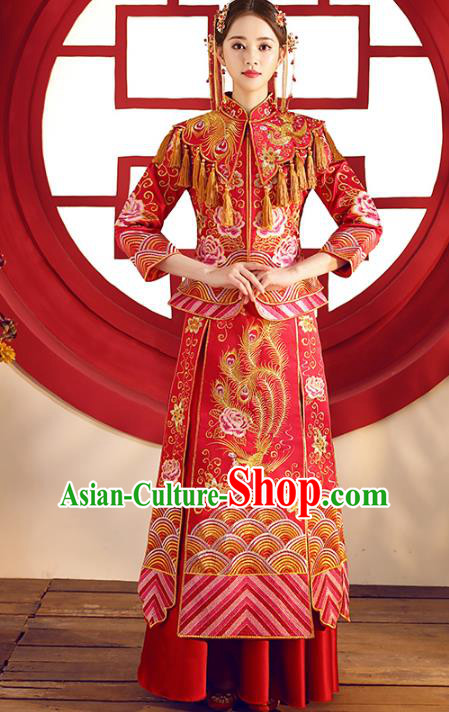 Top Grade Chinese Traditional Wedding Costumes Xiuhe Suits Bride Red Embroidered Dress for Women