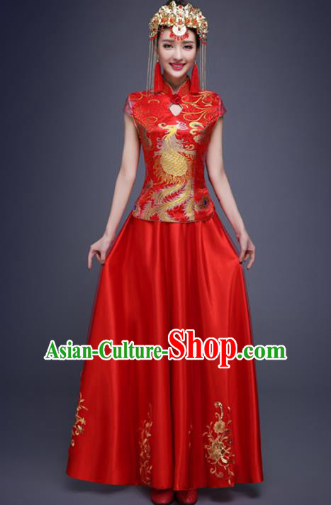 Top Grade Chinese Traditional Wedding Costumes Embroidered Red Lace Xiuhe Suits Bride Dress for Women