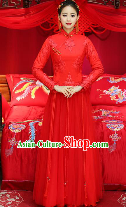 Top Grade Chinese Traditional Wedding Costumes Embroidered Xiuhe Suits Bride Toast Red Dress for Women