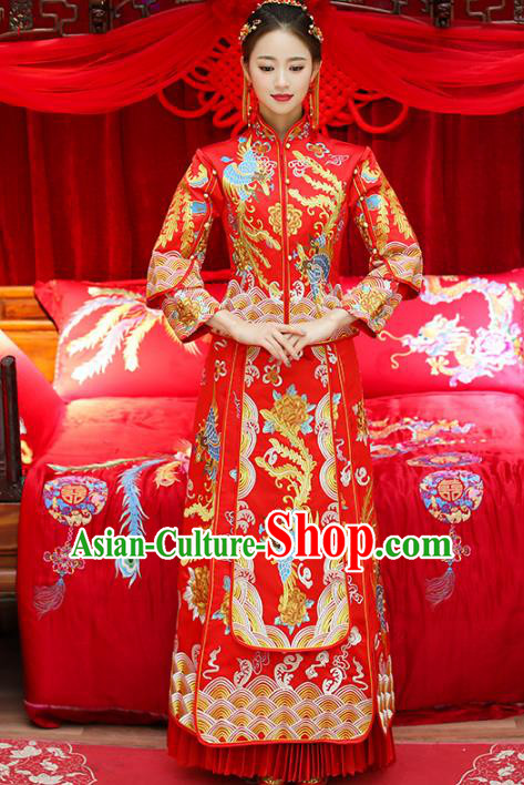 Top Grade Chinese Traditional Wedding Costumes Embroidered Phoenix Xiuhe Suits Bride Toast Red Dress for Women