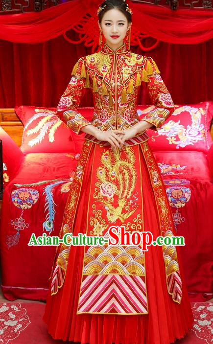 Top Grade Chinese Traditional Wedding Costumes Bride Embroidered Phoenix Peony Xiuhe Suits for Women