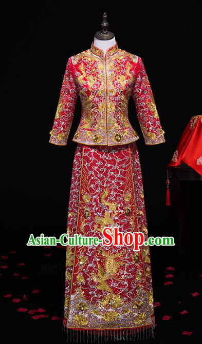 Top Grade Chinese Traditional Wedding Costumes Longfeng Flown Bride Embroidered Xiuhe Suits for Women