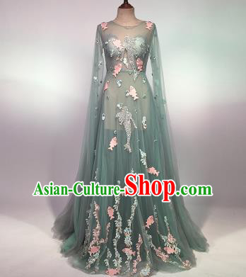 Top Grade Stage Performance Customized Costume Models Catwalks Green Veil Full Dress for Women