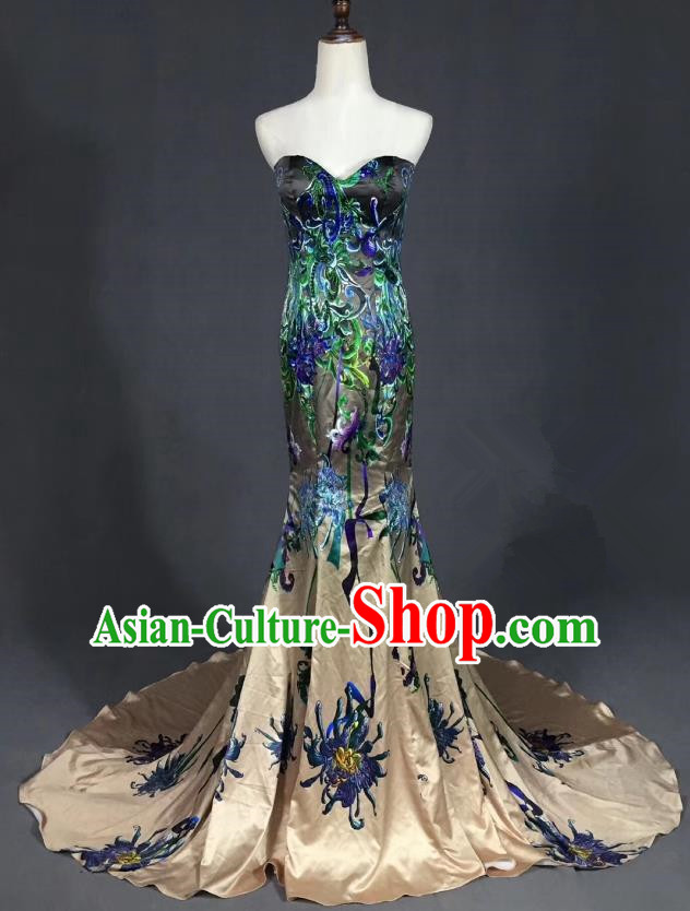 Top Grade Compere Stage Performance Customized Costume Models Catwalks Embroidered Full Dress for Women