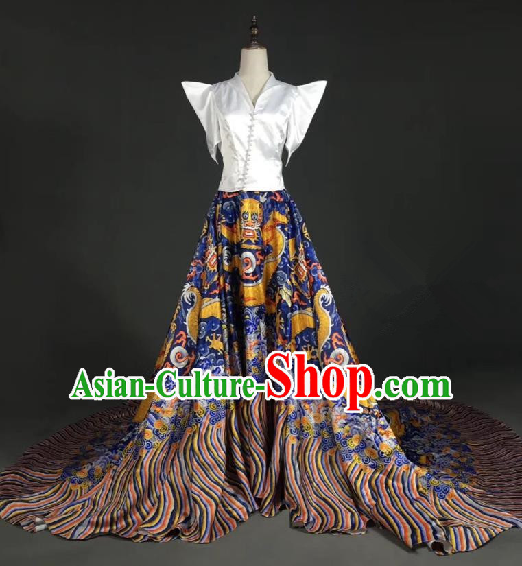 Top Grade Compere Stage Performance Customized Costume Models Catwalks Printing Trailing Full Dress for Women