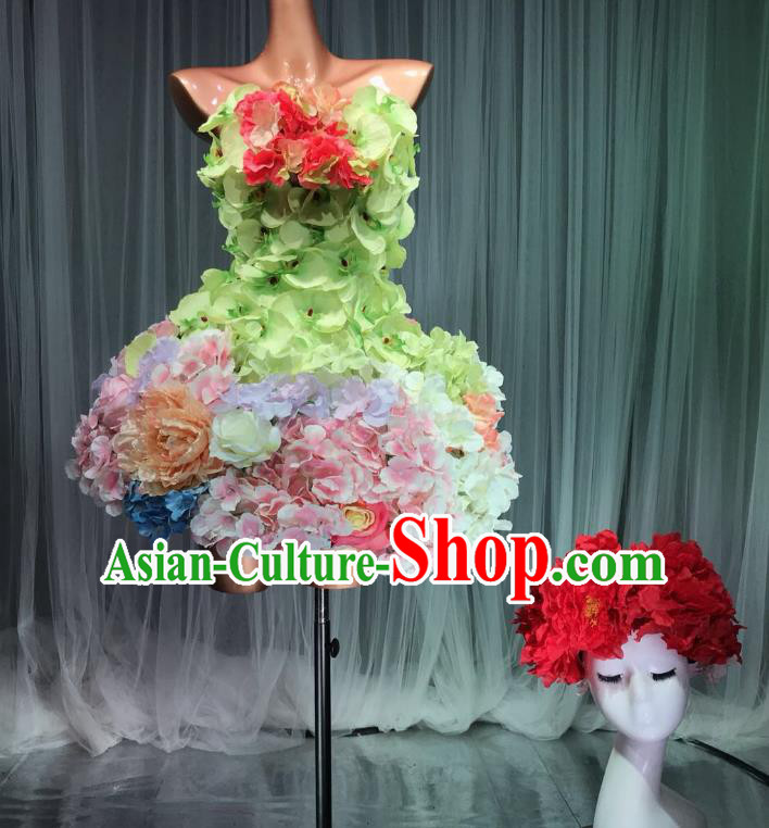 Top Grade Stage Performance Costume Models Catwalks Flowers Fairy Dance Dress and Headwear for Women