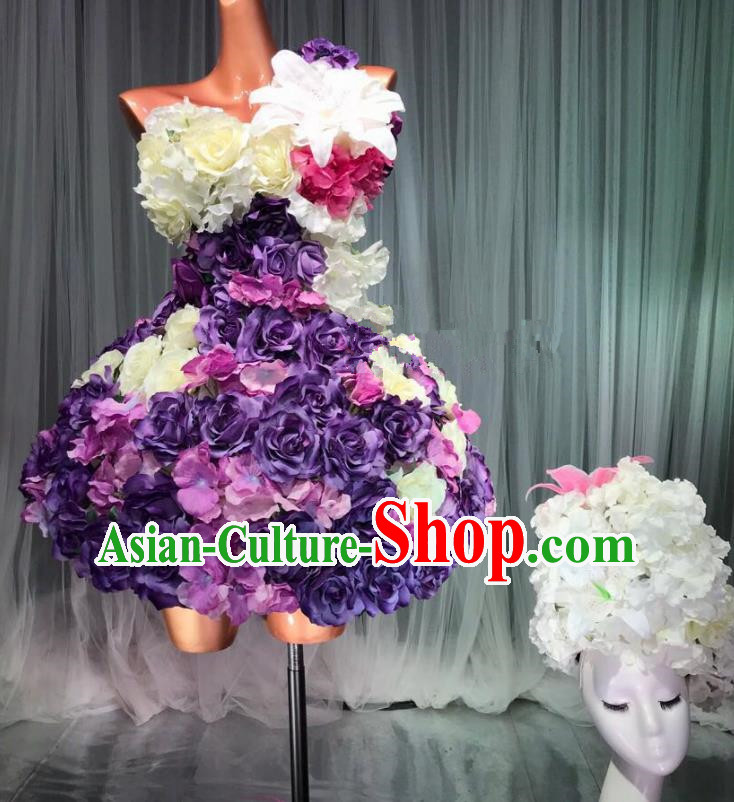 Top Grade Stage Performance Costume Models Catwalks Purple Flowers Fairy Dance Dress and Headwear for Women