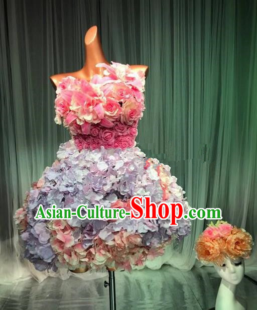 Top Grade Stage Performance Costume Models Catwalks Lilac Flowers Fairy Dance Dress and Headwear for Women