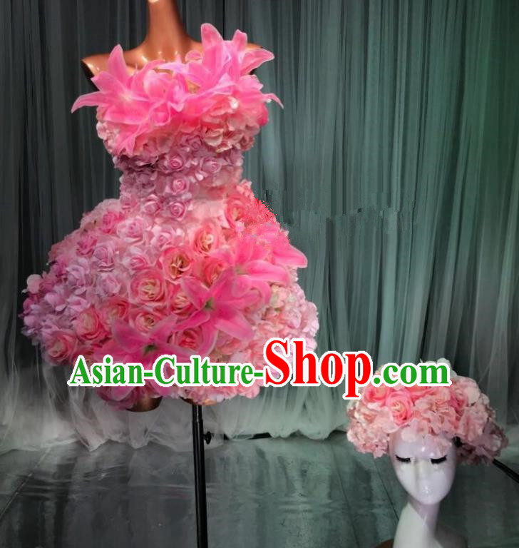 Top Grade Stage Performance Costume Models Catwalks Pink Flowers Fairy Dance Dress and Headwear for Women