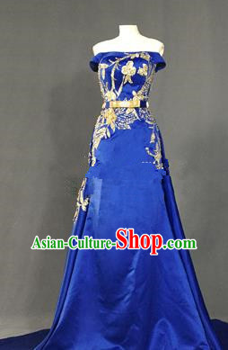 Top Grade Stage Performance Costume Models Catwalks Royalblue Off Shoulder Full Dress for Women